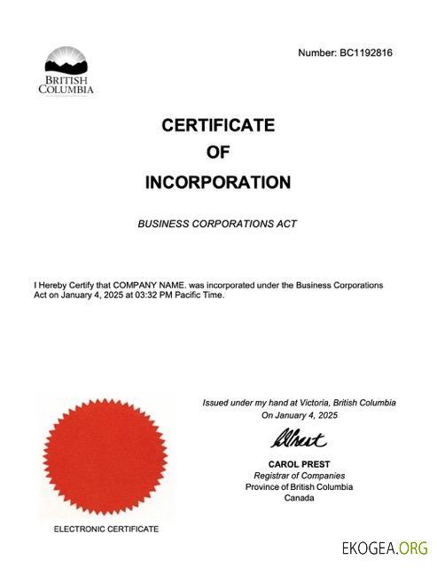 Modèle Word et PDF de certificat de constitution de la Colombie Britannique, version 2